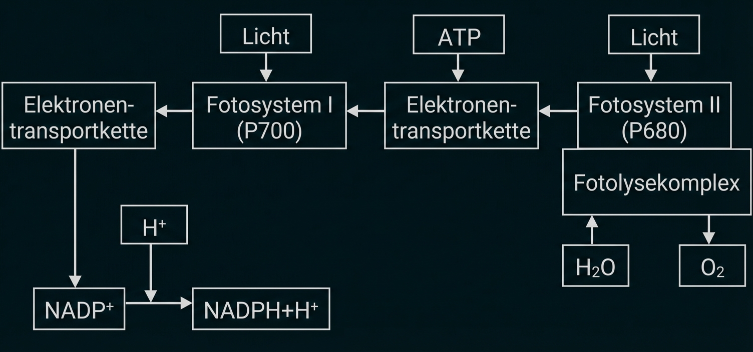 Schematische Darstellung der Lichtreaktion der Fotosynthese: Fotosystem II (P680), Photolyse, Elektronentransport, Fotosystem I (P700), ATP, NADPH